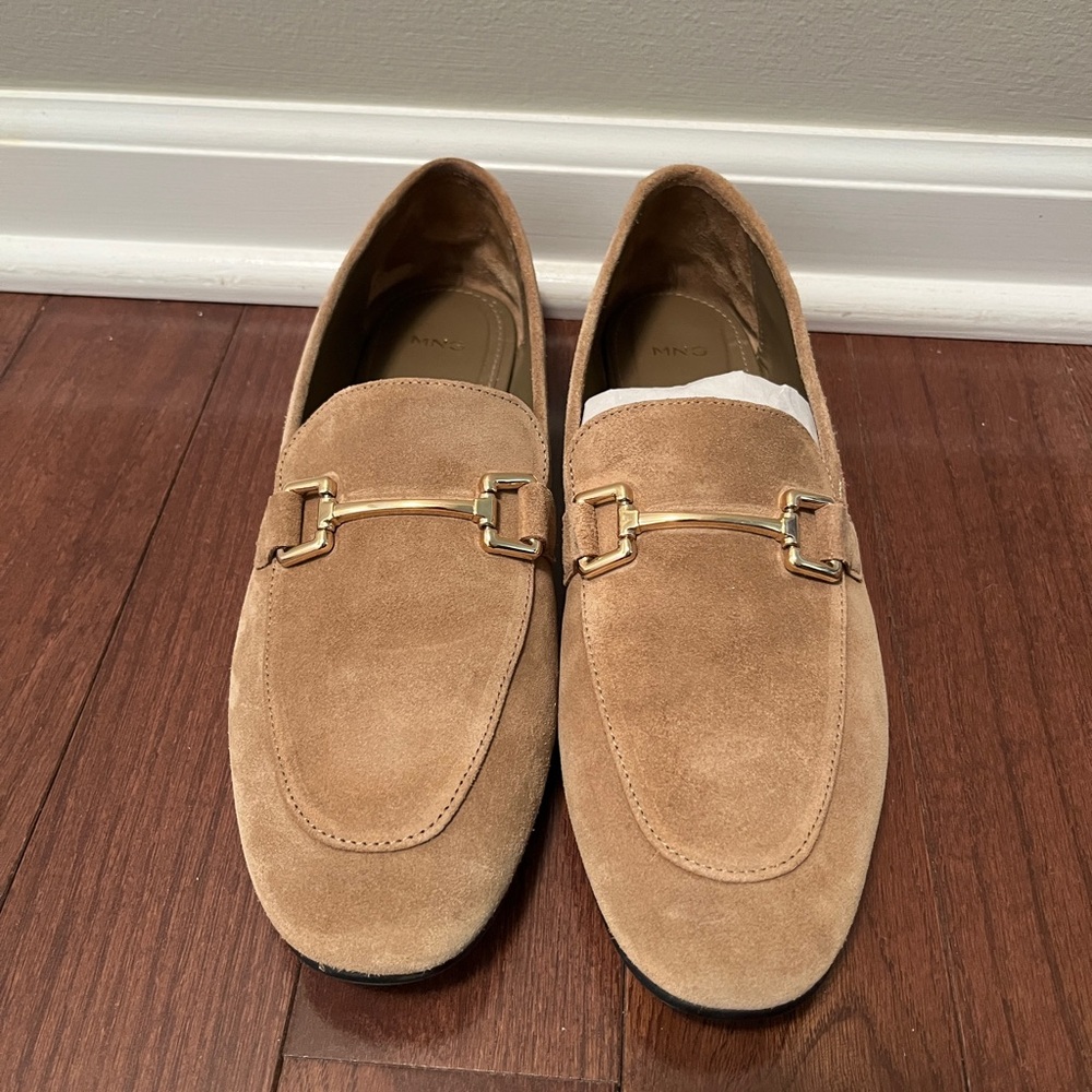 Mango Tan Suede Loafers with Gold Bit